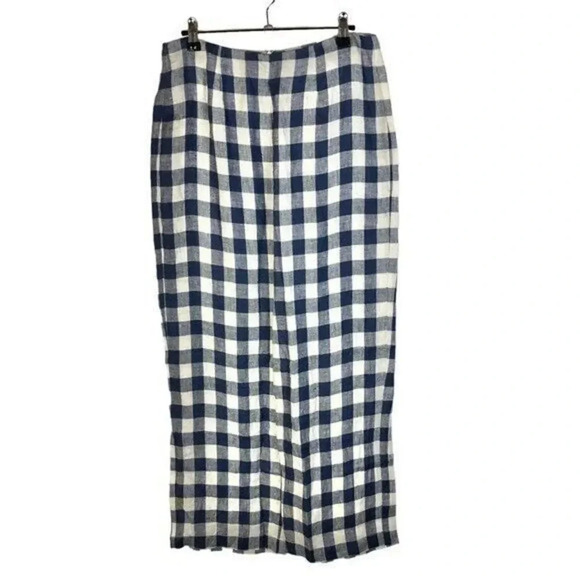 Reformation Blue & White Checkered Plaid Linen Wide Leg Pants 8 - Picture 1 of 5